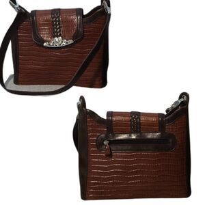 Vintage Brighton Croc Embossed Leather Crossbody Bag Heart Hardware Boho